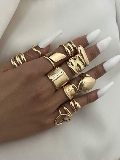14pcs Set Exaggerated Punk Style Smooth Geometric Asymmetrical Golden Rings Women Ladies Girls Daily Outgoing Holiday Wearing Party Versatile Gift For Girlfriend