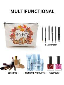 1pc Autumn Pumpkin Maple Leaf Tree Alphabet Linen Print Cosmetic Bag, Cute Travel Makeup Case And Multi-Function Coin Purse, Lightweight Gift Essential For Women