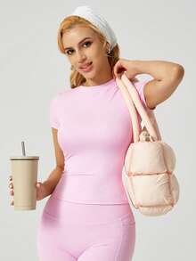 NcmRyu 1 件女式无缝弹力纯色时尚百搭修身运动短袖上衣 - 粉色 - 查看 6