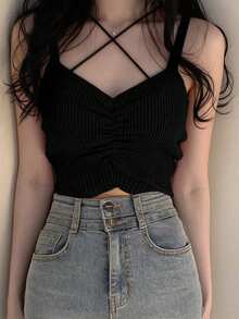 Bộ áo hai dây/áo tank top nữ thời trang thường ngày đa năng thiết kế mới Xuân/Hè 2025 màu đen - màu đen - Xem 4