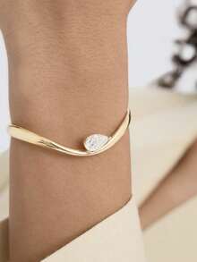 1pc Fashionable European-American Simple Copper Cubic Zirconia Adjustable Bangle Bracelet, Unisex Couple Daily Commute Accessory, Gifts For Holidays - Gold - View 3