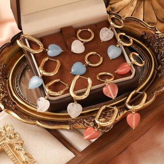 1 Pair 18K Gold Plated Stainless Steel Natural Stone Heart Shaped Earrings, Fashionable & Minimalist Design, Suitable For Party, Dating, Office Wear