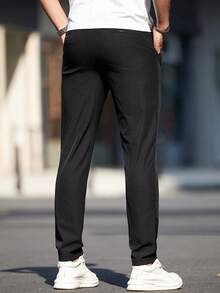 Men's Solid Color Pocket Casual Slim Tapered Pants - Black - View 3