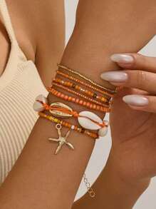 7pcs/Set Women Beach Vacation Seashell Starfish & Rice Bead Bracelets Boho Style Bangles