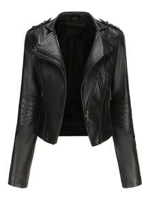 Women's Fashion Black PU Leather Motorcycle Jacket, Lapel Collar, Full Zip And Pockets, Short Length Long Sleeve, Suitable For Autumn And Spring - Black - View 2