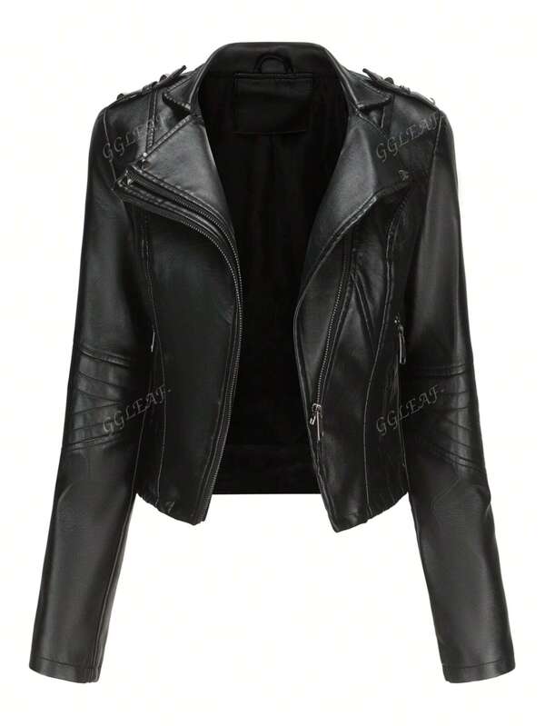 Slim Fit Long Sleeve Spring And Autumn Rivet Decorated Short Leather Jacket, Women Zipper PU Leather Jacket