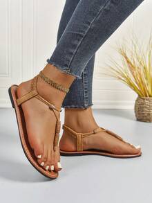 New Spring/Summer Fashion Women Slippers, Solid Color Woven Comfortable Beach Sandals, Summer Beach Shoes, Versatile Flat Slip-On Women Flat Sandals - Brown - View 4
