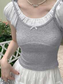 French Style Puff Sleeve 2 In 1 Short Sleeve T-Shirt, Fitted And Elegant Short Top