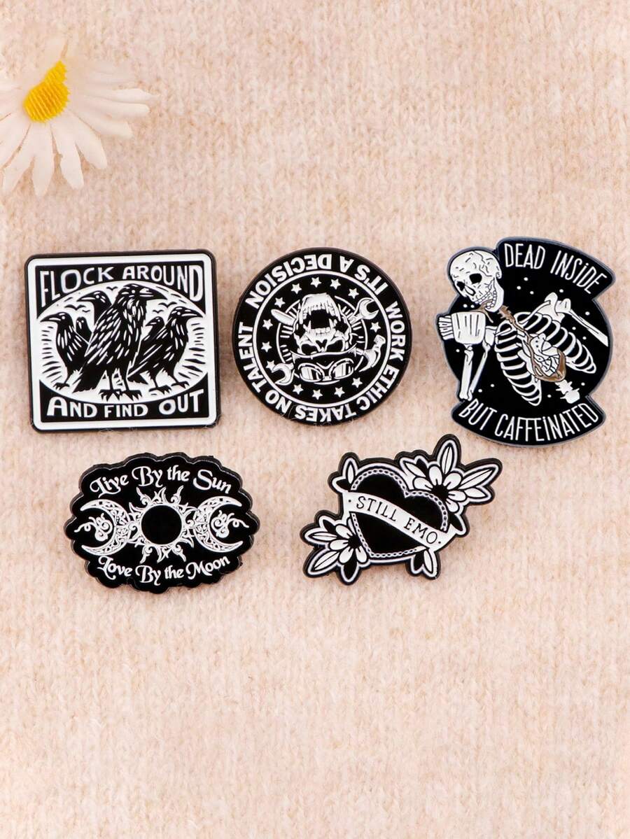 5Pcs Vintage Moon And Sun Enamel Pin Brooch Pines Lapel Pins Badge On Backpack Clothing Accessories Punk Jewelry Gifts - Black and White - View 1