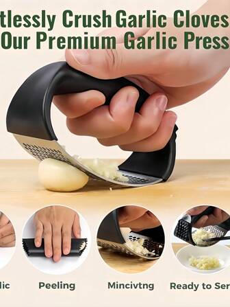1个不锈钢手动压蒜器，用于制作蒜蓉。厨房蒜蓉研磨器。家用蒜蓉压榨器。蒜、姜、洋葱切碎器。