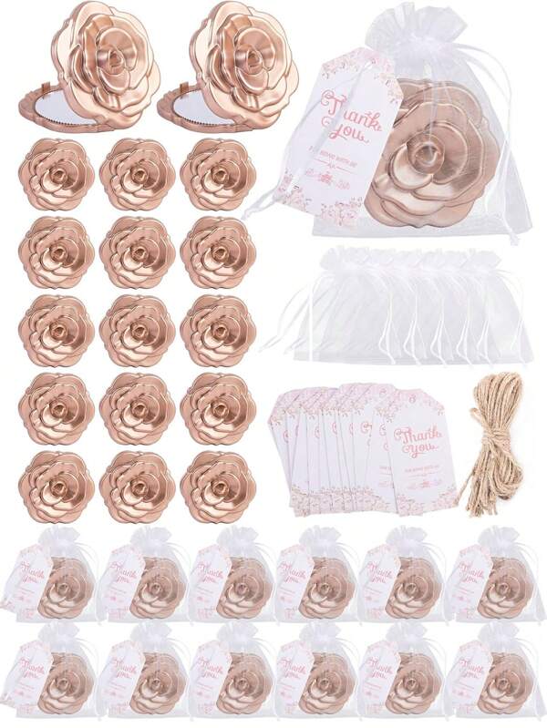 Espejos de maquillaje con diseño de rosa, a granel, recuerdos de bodas y fiestas, incluye espejo pequeño, etiquetas de agradecimiento, bolsas de organza blanca y cuerdas de yute, adecuados como recuerdos de despedida de soltera, compromiso, boda y aniversario