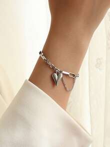 复古嘻哈银色心形女士手链，时尚不锈钢配饰 - 銀色 - 查看 3