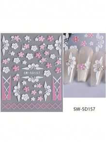 2 Pieces Of Spring And Summer Valentine's Day Pink Love Flower Bow Nail Art Stickers - Pink, White French Sweet Love, Flower And Bow Art Design, 5d Relief Craft, Suitable For Women's Disposable Self-Adhesive Back Adhesive Nail Stickers, Summer Valentine's Day Sweet Style Heart Flower Theme Style, Easy To Stick Nail Decoration Stickers