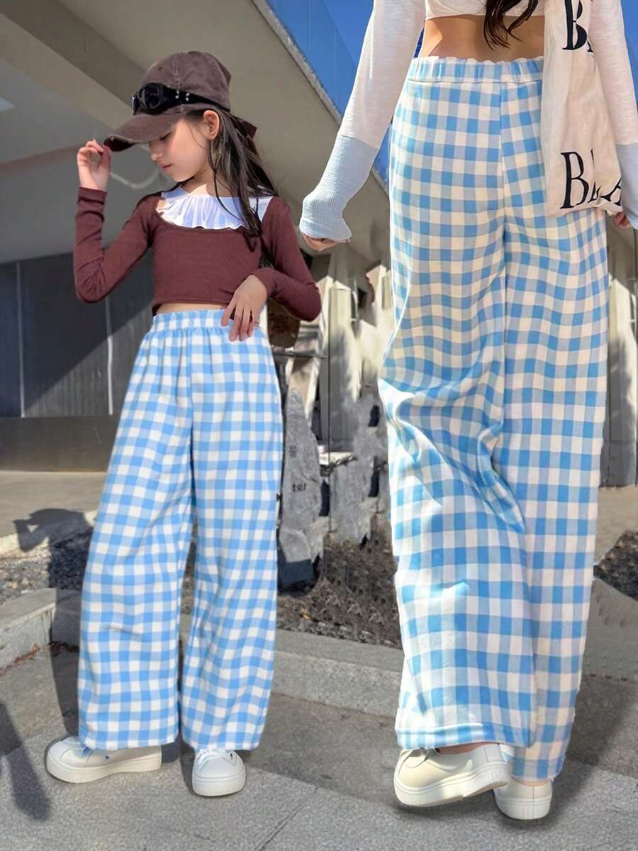 1pc Tween Girls Fashionable Simple Plaid Pattern Loose Wide-Leg Pants, Spring/Summer - Blue and White - View 1