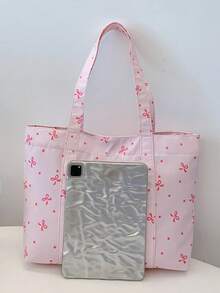 1pc Casual Cute Bow Decor Shoulder Handbag, Lightweight Magnetic Closure Tote Bag, With Tag Decoration, Suitable For Women/Girls/College Students/Ladies For Daily Use, Vacation, Travel And School, Adorable Bow Handbag For Women - Pink - View 3
