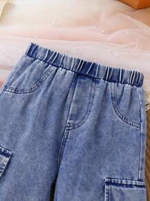 2 piezas Conjunto de niña elegante y de moda en denim, suave, transpirable y cómodo, con decoración de moño en top de tirantes sólido y pantalones clásicos de mezclilla azul, apto para vacaciones, fiestas, uso casual y diario
