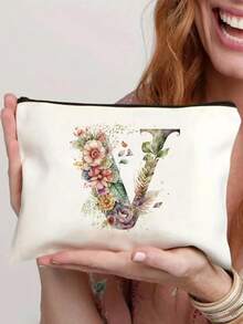 26-Letter Floral Alphabet Canvas Pouch - Lightweight Foldable Cosmetic Bag With Zipper Closure, Machine-Washable White Toiletry & Pen Case For Women, Mothers, Daughters - Perfect Graduation, Wedding, Holiday Gift