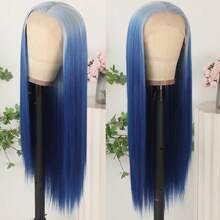 13X4 Purple Hair Synthetic Lace Front Wigs 26 Inch Pre Plucked Long Straight Hair Wigs 13X4 HD Lace Wigs Glueless Dark Purple Colored Wigs Heat Resistant Halloween Wigs Deep Purple Long Silky Straight Lace Front Wigs For Fashion Women For Daily Christmas Party Cosplay Use - 漸層藍色 - 查看 4