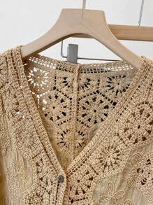 JIANHU Petite Boho Crochet Cardigan - Romantic Floral & Geometric Lace Cover-Up For Vacation & Daily Wear | Lightweight V-Neck Button-Up Knit (Perfect For Petite Frames)
