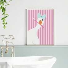 1pc/2pcs Set ​ Duck Framed Prints Set Nursery Wall Decor,Kids Bathroom Decoration , Whimsical Adorable Duck Duo With Pink & White Stripes, Blue Bows,Digital Prints Poster Canvas /Framed Painting For Gender-Neutral Kids Room, Soft Pastel Minimalist Nursery Art​ - Multicolor - View 3