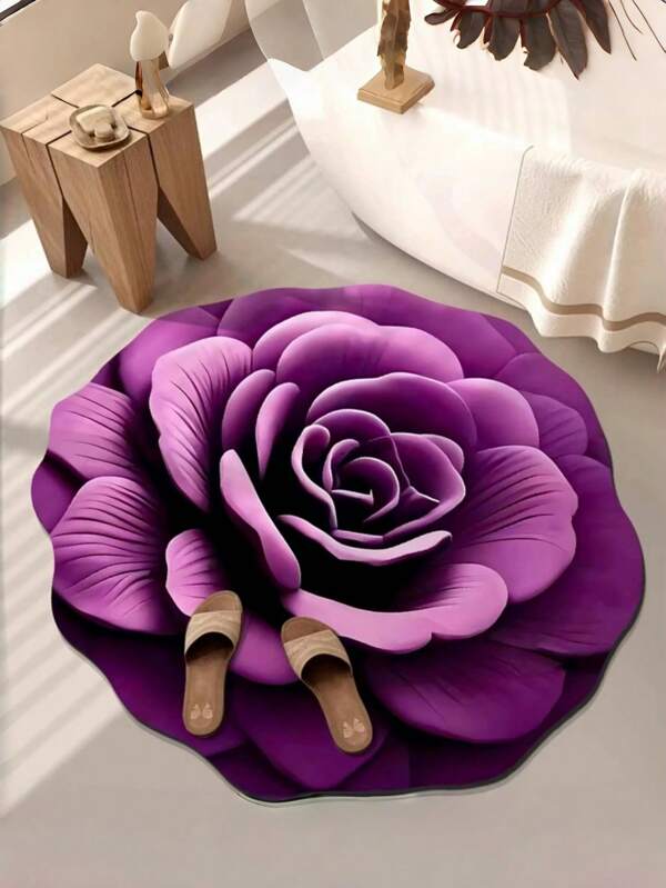 1 pieza Alfombra con forma de flor abstracta 3D de color morado, hecha de barro silíceo con parte inferior antideslizante, adecuada para sofá, dormitorio, baño, sala de estar, mesilla, lavable y de secado rápido, también se puede usar como posavasos absorbente