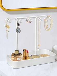 1个带抽屉盒的珠宝展示架，用于存放耳环、项链和珠宝，配有木质底座、桌面收纳盒和多功能悬挂式收纳架。珠宝收纳悬挂支架适用于项链、手镯、耳环、戒指和手表，含挂钩。单层或双层可选。夏季女性必备收纳整理礼品，旅行必备 - 彩色 - 查看 4