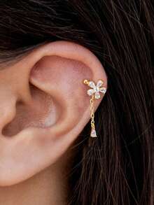 1 件优雅奢华樱花锆石水滴夹式耳环，金色调铜材质，适合女性日常佩戴 - 金色 - 查看 2