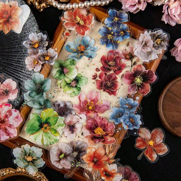 20pcs Vintage Floral Sticker Set - Elegant Blossom Designs For Scrapbooking, DIY Crafts & Collages | Durable PET Material, Self-Adhesive & Shimmer Accents, For Return School