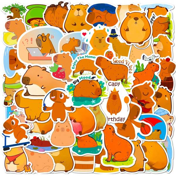 50 piezas de pegatinas de dibujos animados lindos de capibara, pegatinas impermeables de PP para scrapbooking, botellas de agua, monopatines, portátiles, planificadores, equipaje, recompensas en el aula, interacción padres-hijos, regalos de cumpleaños