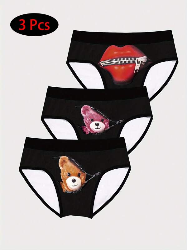 Set de 3 calzoncillos tipo bóxer con ajuste holgado y cómodo para hombres, con estampado digital de labios rojos y osito teddy con cremallera