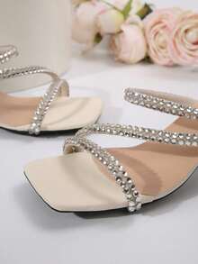 Fairy Style Square Toe Chunky Heel Sandals For Women, Multi-Strap Rhinestone Decoration High Heels, Fashion Versatile Suitable For Date, Shopping, Party, Gathering, Commuting, Business - Beige - View 7