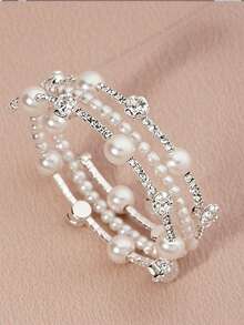 1 件新款三排珍珠和水钻手链，银色/金色弹力线时尚简约水钻手链，韩式配饰 - 銀色 - 查看 1
