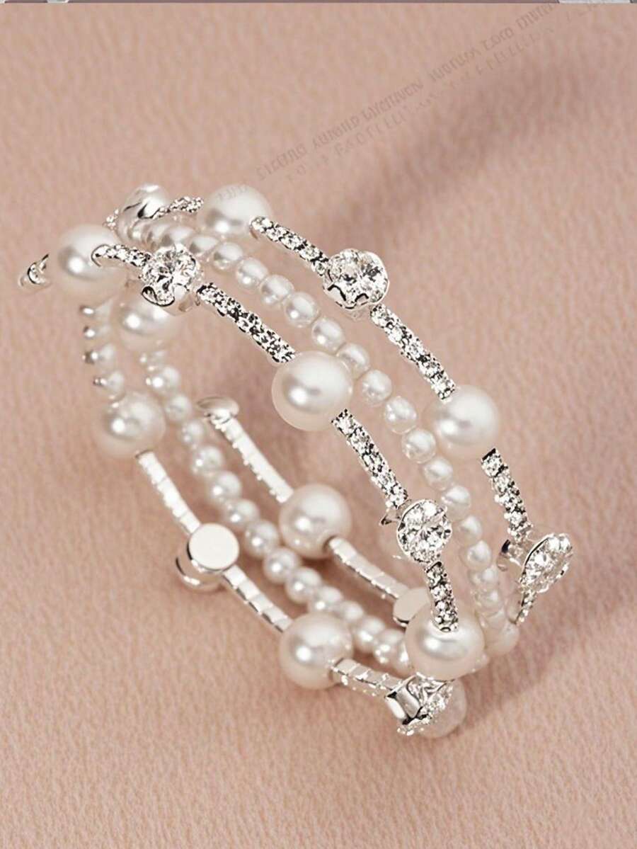 1 件新款三排珍珠和水钻手链，银色/金色弹力线时尚简约水钻手链，韩式配饰 - 銀色 - 查看 1