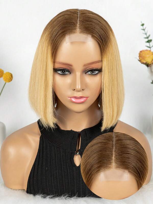 Peruca de renda frontal Bob 2*6, cabelo natural, degradê, densidade 200%, peruca de fechamento de renda Bob reta, peruca de cabelo natural