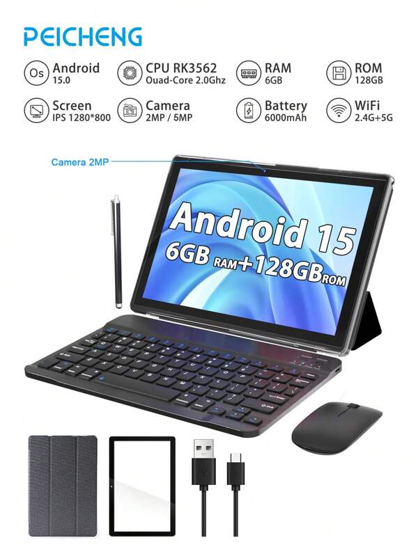 Tablette YQ10S Max 2 en 1, 10 pouces Android 15, RK3562 4 cœurs 2.0Ghz/6Go RAM+128Go ROM/Caméra Double 2MP+5MP/Écran Tactile IPS 1280x800/WiFi 2.4+5G/6000mAh/PC Tablette Certifiée avec Clavier/Souris/Stylet/Étui de Protection (Sans Adaptateur)