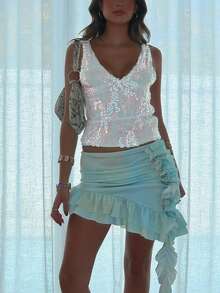 Women Sequin Tank Tops Slim Sparkly Deep V Neck Sleeveless Open Back Crop Vest Casual Summer Streetwear - 白色 - 查看 3