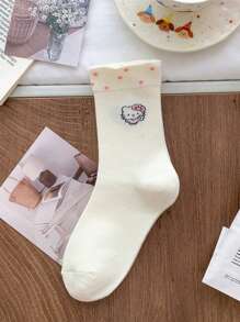 Sanrio 1Pair Sanrio Hello Kitty Mid-Calf Crew Summer Socks Women Socks Flounced Hem Seamless Toe & Breathable Ribbed Texture - Spring/Summer Collegiate Style Socks For School Outfits, Cute Gift With Greeting Card For Birthdays/Valentine's Day