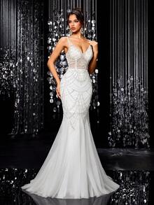 White Gorgeous Beaded Mermaid Dress, Elegant V-Neck Sequined Wedding Gown, Bridal, Wedding Guest Dress - White - View 5