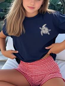 Een stuk van een meisje, grote kinderen, casual bedrukt ronde hals pullover, kort mouwen T-shirt voor zomerstudenten, jonge kinderkleding - Zwemmende schildpad kunststijl T-shirt stimuleert verbeelding en zelfexpressie! Kinderkleding Meisjes grafische T-shirts Zomertops Tween Meisjeskleding