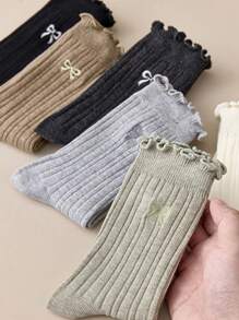 4 pares de calcetines tipo tripulación cómodos y versátiles para mujer con volantes y moños en un estilo aleatorio y dulce