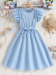 Vestido casual de manga corta azul para niñas preadolescentes con corte evasé y cinturón, vestido de unicolor dulce para niñas