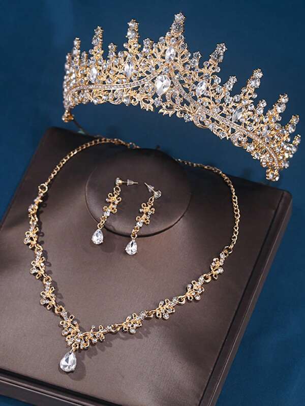 Corona de novia estilo Europa y Estados Unidos de tres piezas, diadema, collar y aretes, accesorios para el cabello de boda