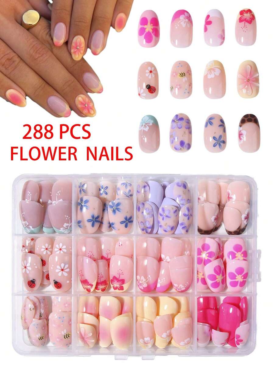 Short Oval 288Pcs(12Mixed) Hibiscus Flower Nails Cute Bee Nails & Beetle Nails Design French Acrylic Press On Nails Short Nails Pink French, Yellow French, White French Design Perfect Fit Short False Nails Set ,Easy To Wear Summer Nails And French Tip Nails Art For Woman Girl Daily Work Wear Rave Party Use Nail Supplies Nails