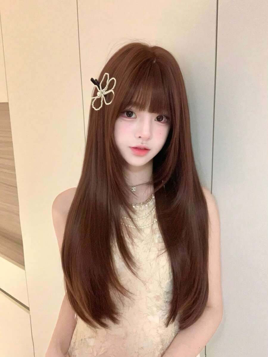 26 Inch Burnt Orange Straight Wig With Full Bangs - American Style Dirty Rust Copper Long Hair - Heat Resistant Synthetic Fiber With Rose Net Cap - Sunset Tone For All Skin Tones (Daily & Party) - Dirty Orange - View 1