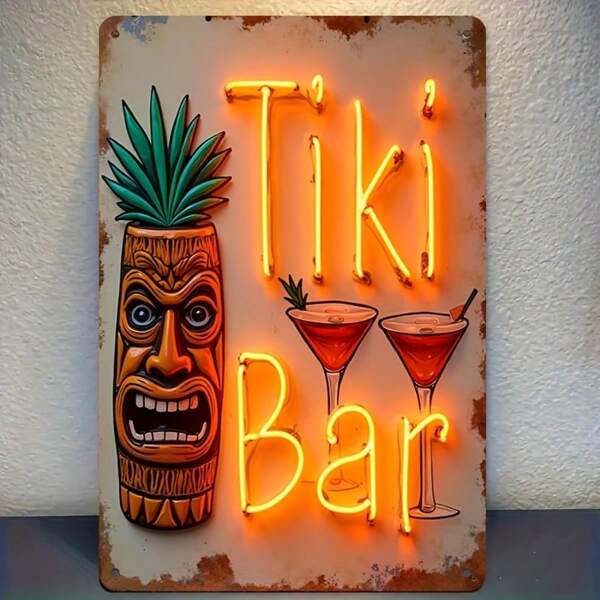 2D flach, 1 Stück 20x30 cm vintage Tiki Bar Metallschild - hawaiianisch inspirierte Neonretro Wandkunst mit tropischen Cocktails & Ananasendesign für Zuhause Bars, Restaurants, Partys, Büros - robuste Metalldekoration, Partydekoration, perfekt für Raumdekoration