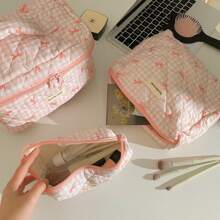 1pc SML Korean Style Plaid Bow Makeup Bag, Large Capacity Portable Travel Toiletry Organizer