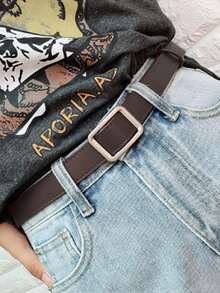 1pc Fashion Style Belt, Rectangular Metal Buckle, Classic Business Slim Waist Belt For Women, South Korea Dongdaemun New Korean Version, Black, Soft, No Holes - Dongdaemun - View 9