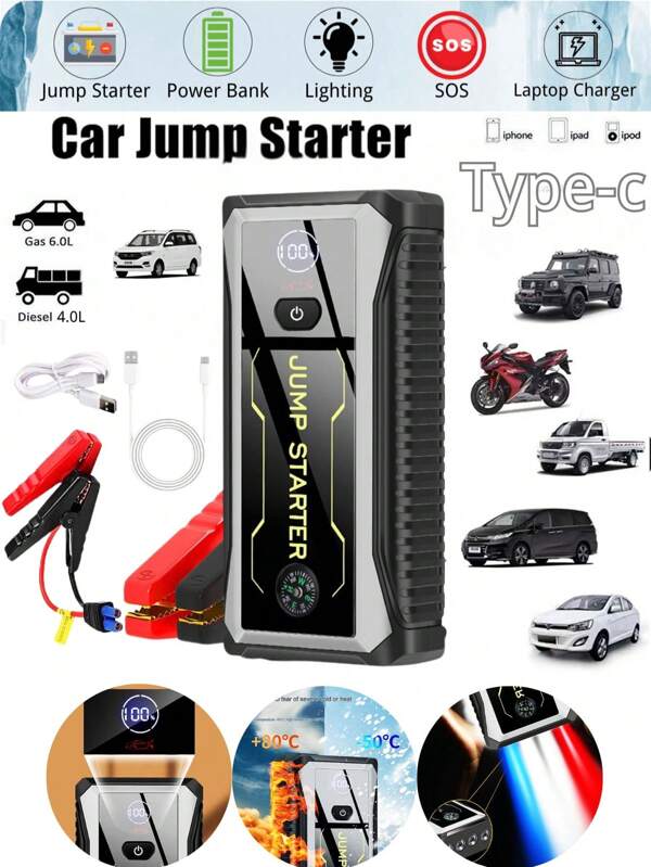 Portable Car Jump Starter With LED Flashlight - Auto Battery Booster, Fast Charging, Emergency Jump Start, Compass, Multi-Device Compatible With Cars, Motorcycles, Trucks, SUVs - Durable Red/Black Design