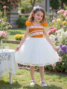 Young Girl Shiny Sequin Mesh Cap Sleeve Princess Dress Suitable For Performances And Parties - Orange - View 1