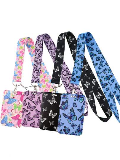 1 套彩色蝴蝶挂绳，带 ID 夹、卡套、光滑颈带和钥匙扣 - 时尚 ID、信用卡和交通卡夹，配有粉色、蓝色、紫色、黑色相配的带子，适合护士、医生、学生、办公室工作人员、工作护士配件